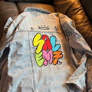 Stylish Blue Jean Jacket with Colorful Graphic
